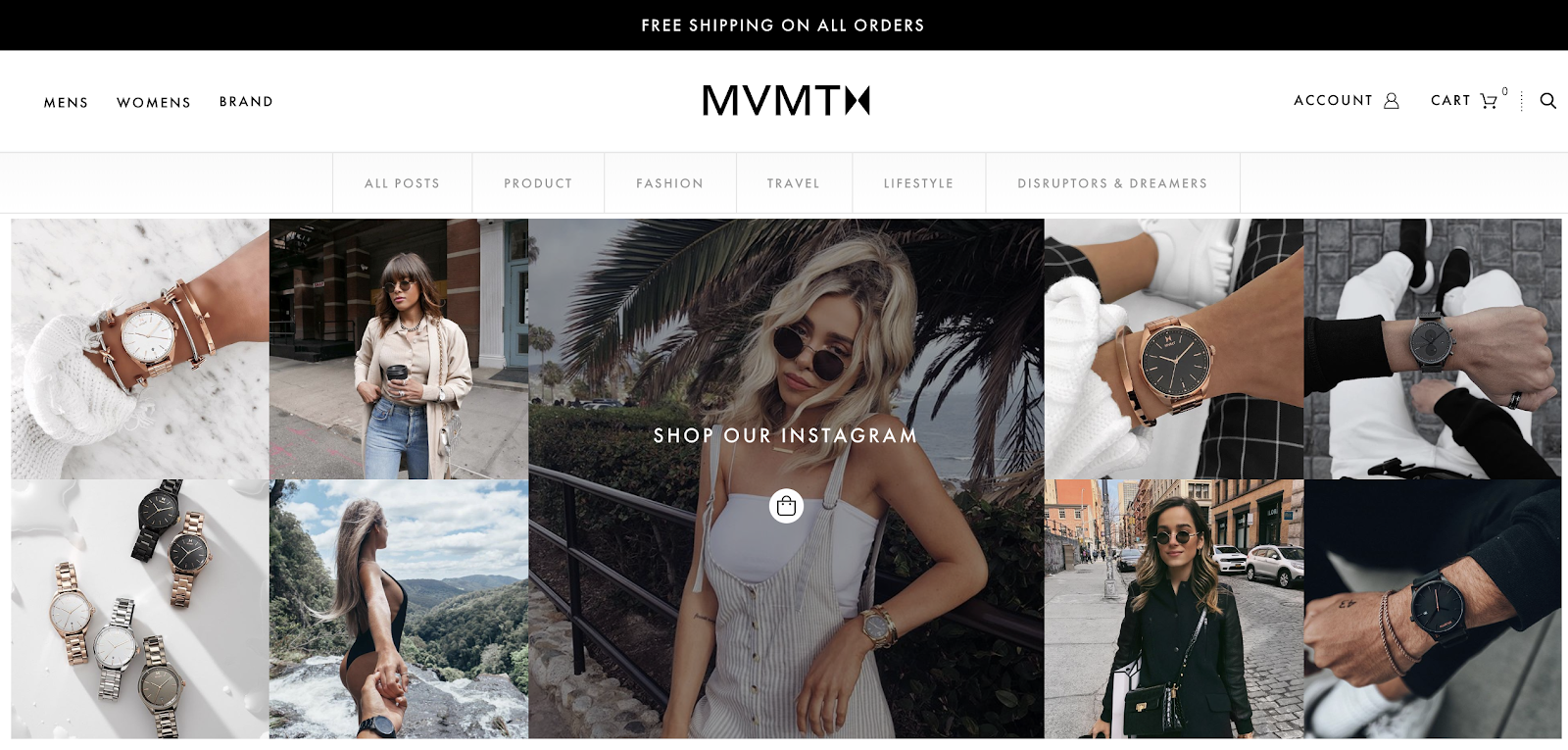Screenshot of shoppable Instagram feed at the bottom of MVMT blog homepage