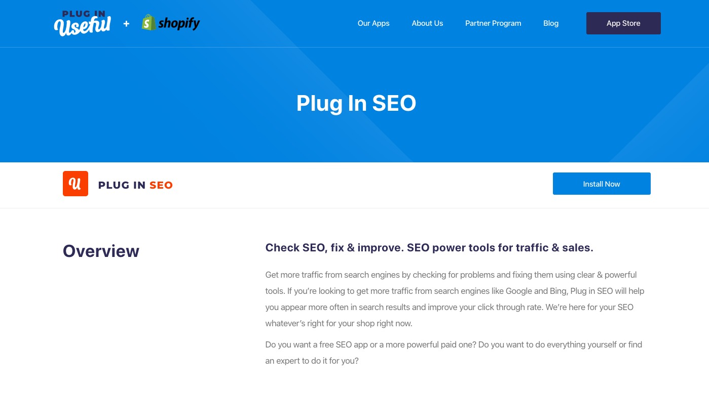 Plug in SEO shopify app