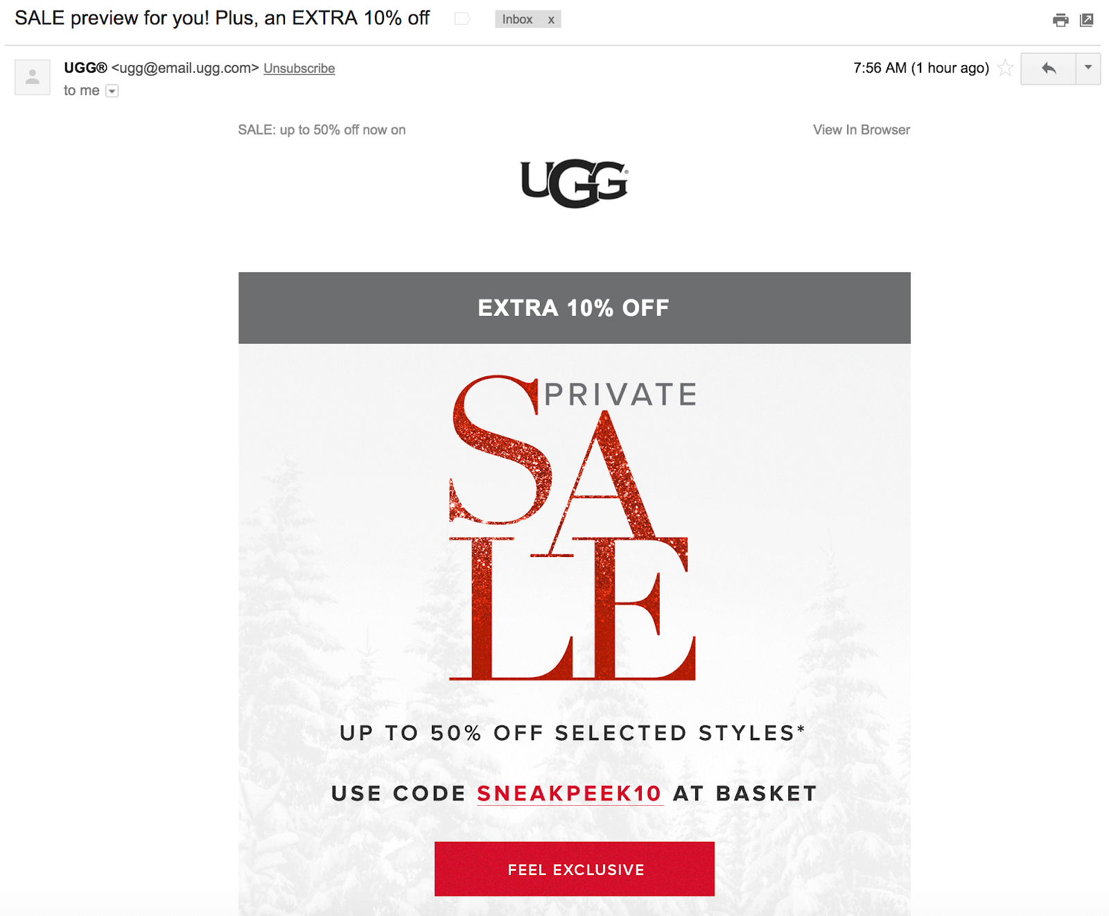 Screenshot showing an email by Ugg