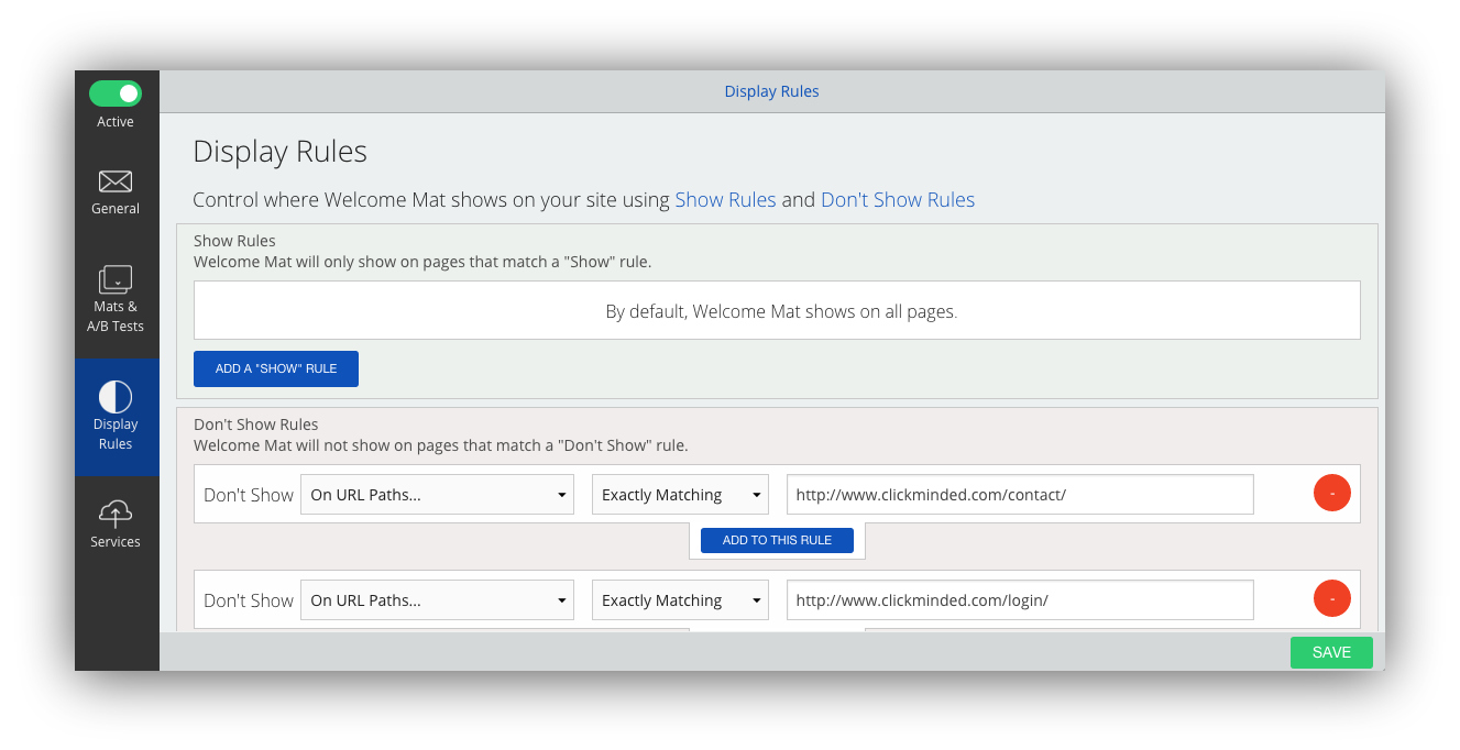 Screenshot of display rules for the Welcome Mat tool on the Sumo dashboard