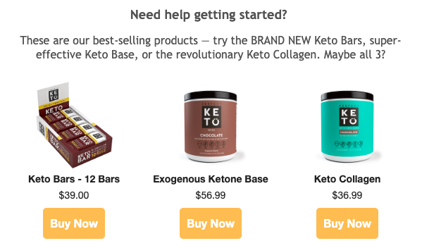 Screenshot of welcome email by Perfect Keto featuring their bestselling products