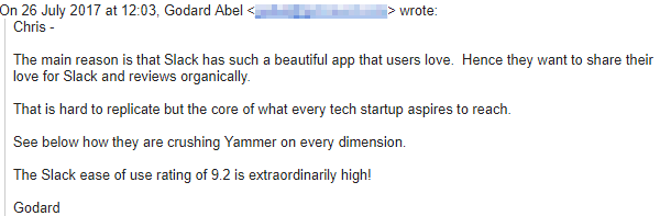 Screenshot of an email talking about why Slack is so successful