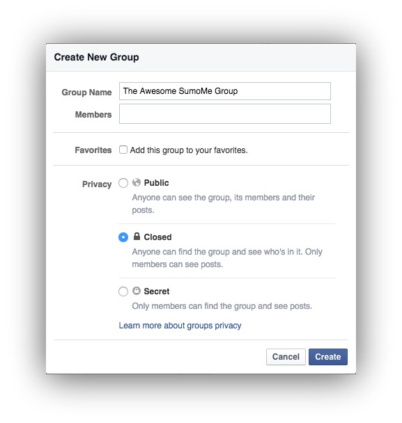 Screenshot showing how to create a closed facebook group