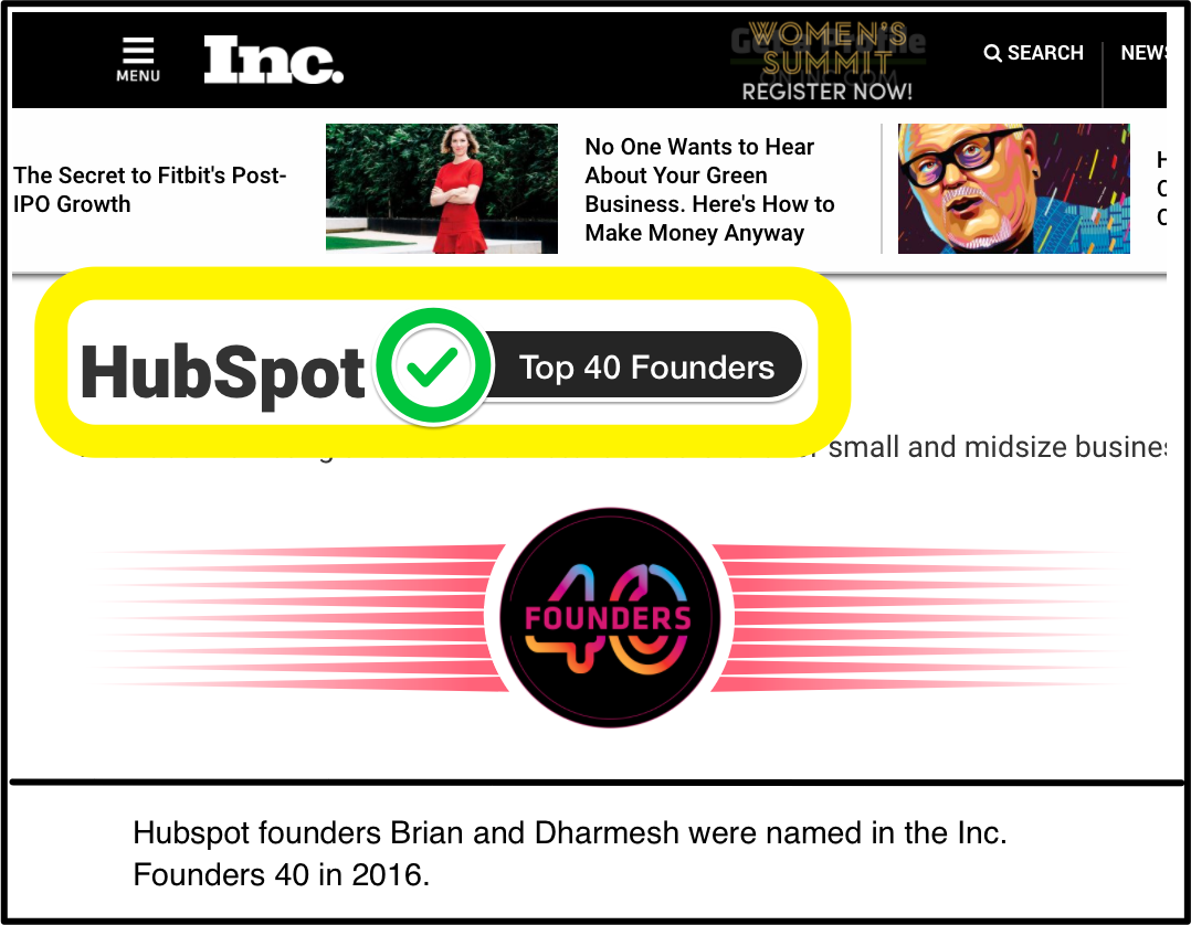 Screenshot showing hubspot featured on Inc.com