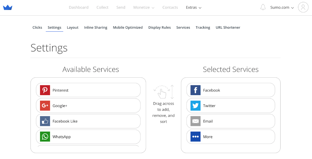 Screenshot showing Sumo share buttons settings