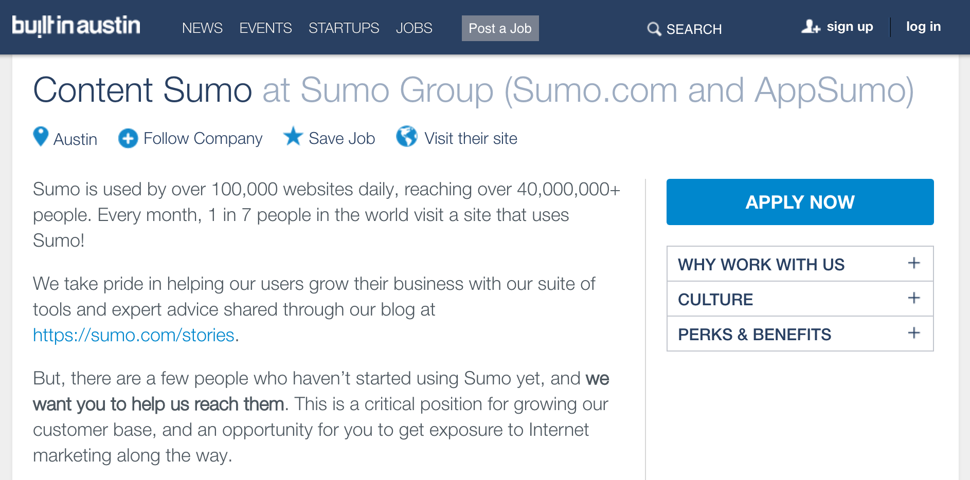 Screenshot showing a job opening on Sumo.com