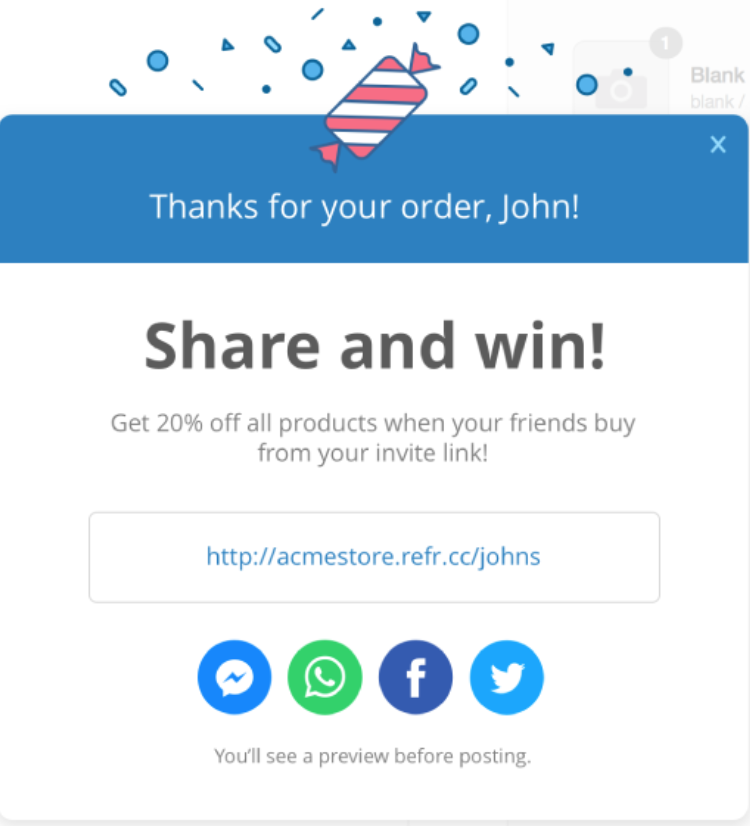 Screenshot showing a referralcandy popup