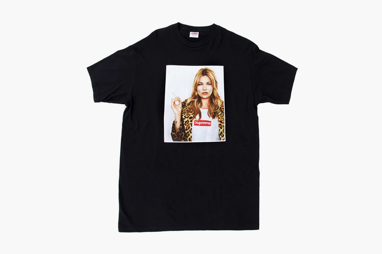 Screenshot of a Supreme tshirt with a lady wearing a Supreme tshirt on it
