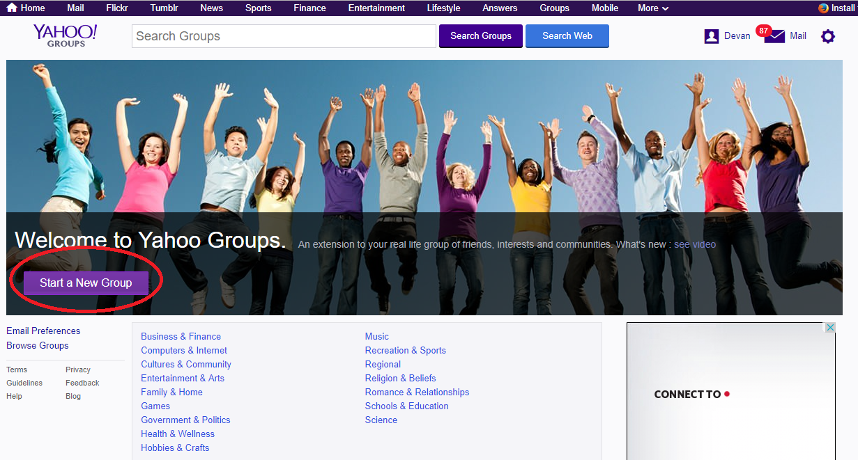Screenshot showing the Yahoo Groups home page