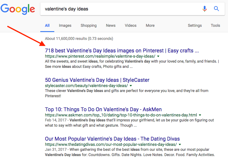 Screenshot showing google search results for "valentine