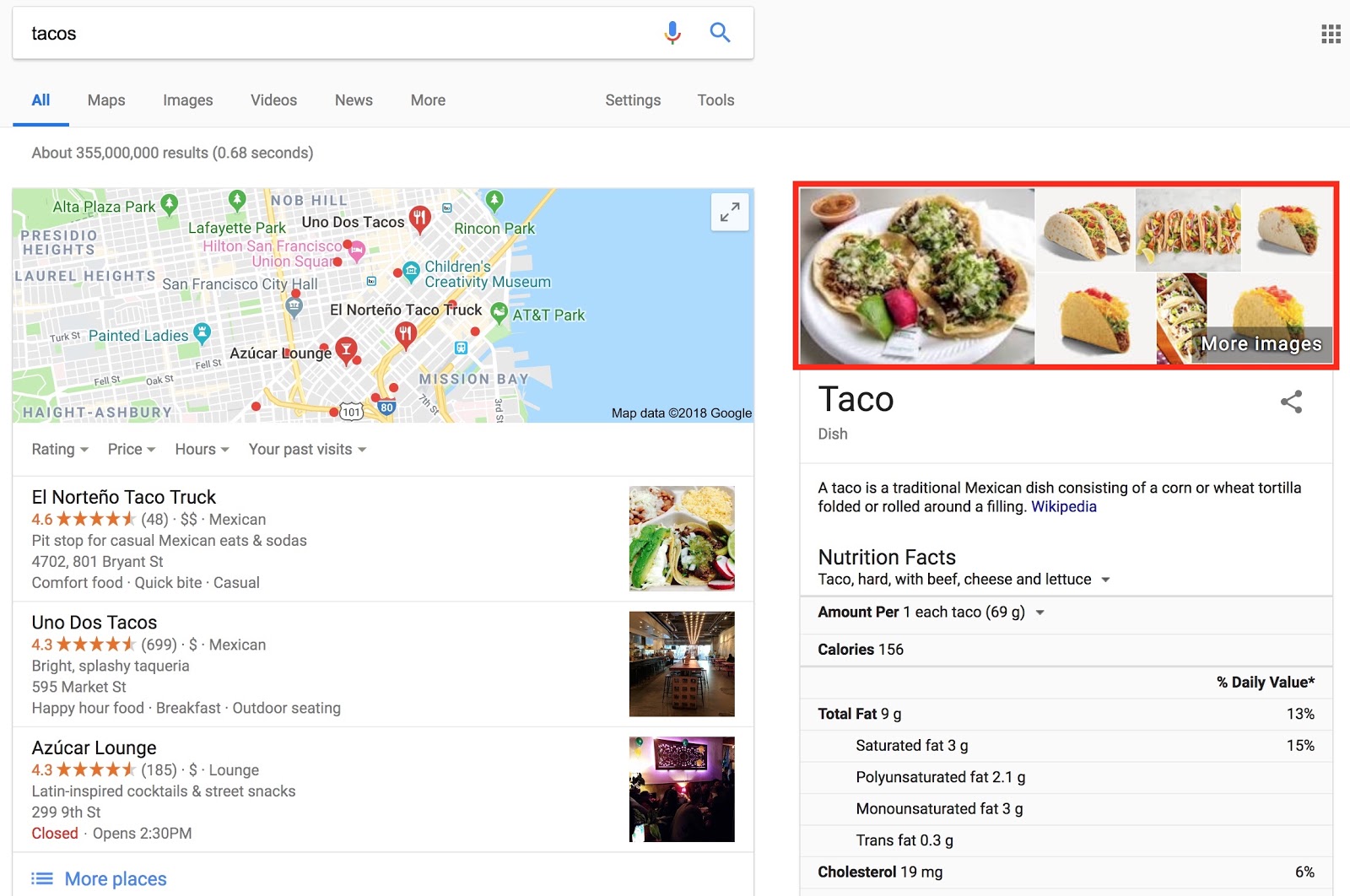 Screenshot showing Google search results for taco