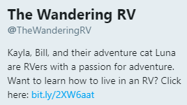 Screenshot of The Wandering RV Twitter bio