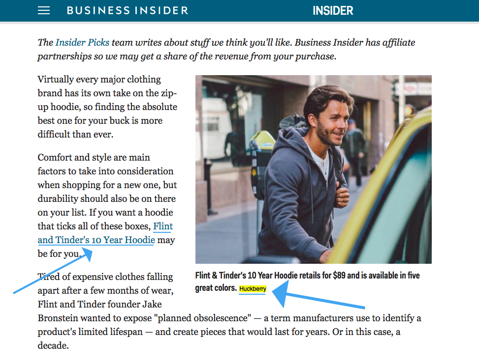 Screenshot showing a news piece linking to Huckberry