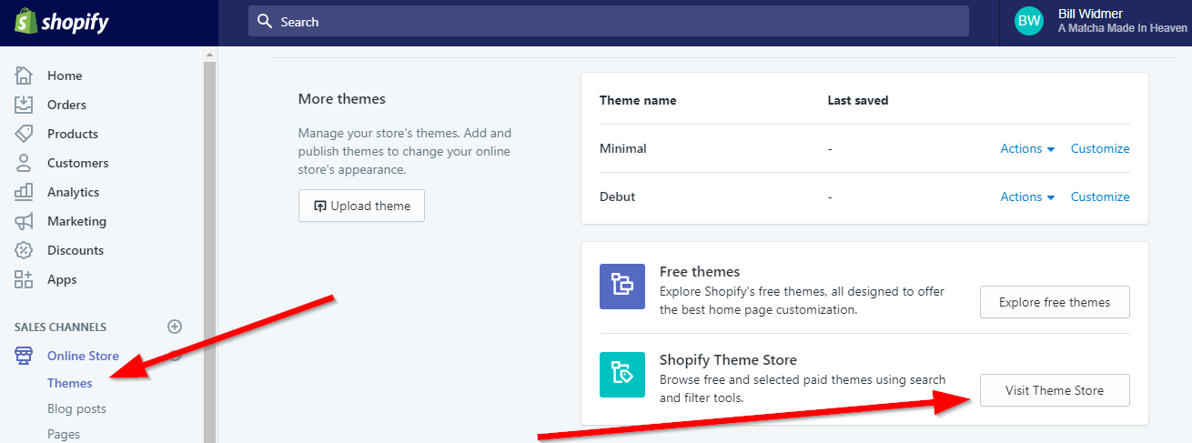 Screenshot showing selecting Shopify themes
