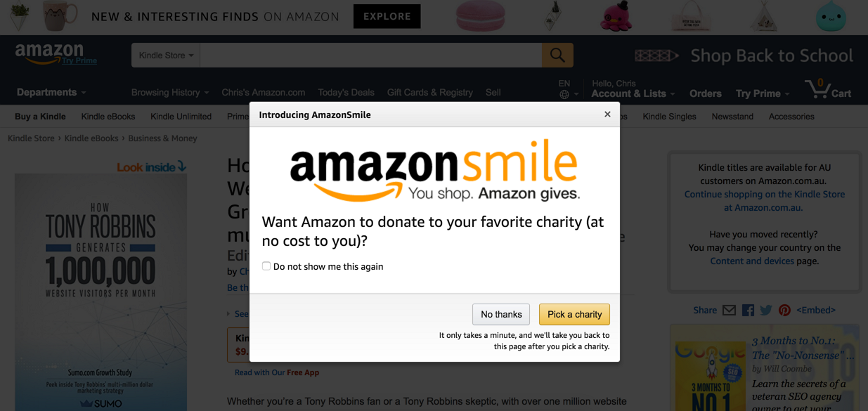 Screenshot showing an amazon smile popup