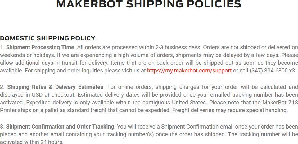 Screenshot showing example of shipping policies