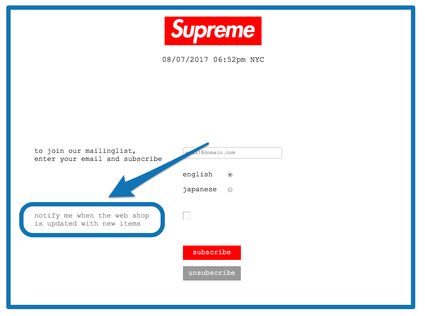 Screenshot showing the "notify me" option on Supreme