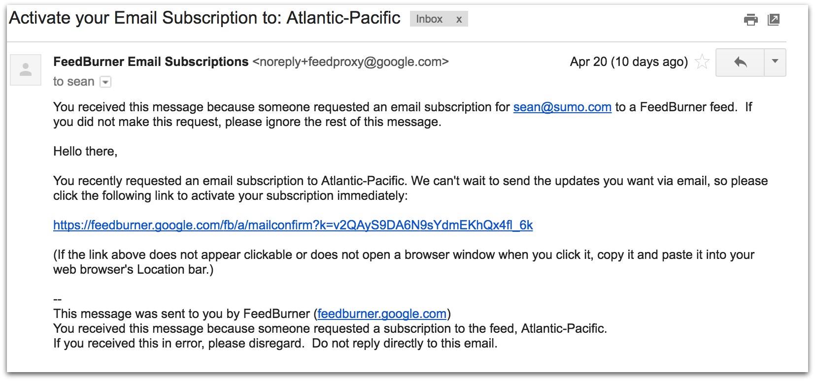 Screenshot showing a double opt-in email sent by Atlantic-Pacific