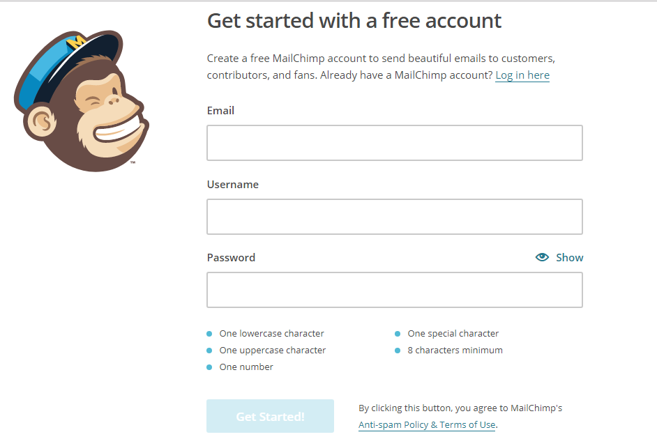 Screenshot showing the sign up page on Mailchimp