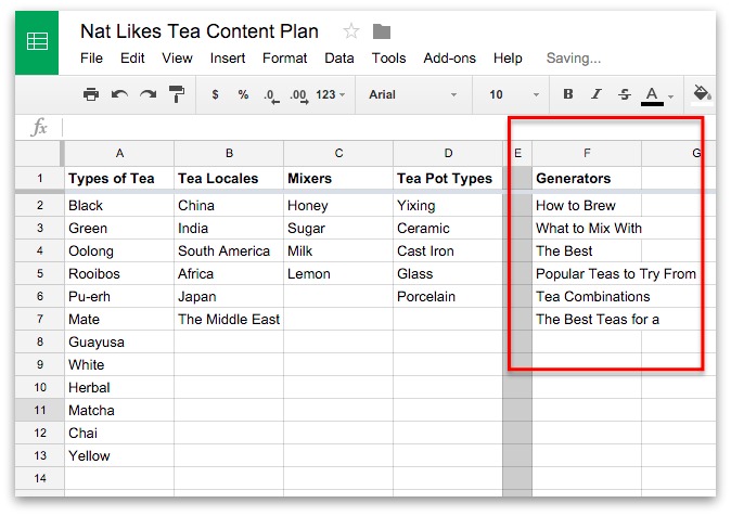 Screenshot showing content generators on a google spreadsheet