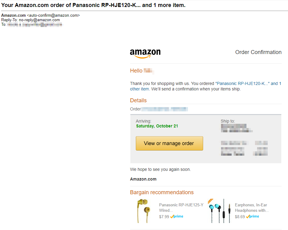 Screenshot showing an order confirmation email sent by amazon