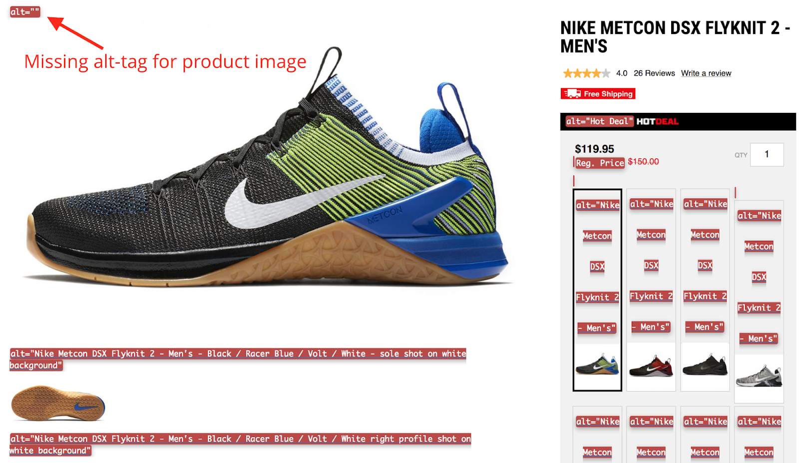 Screenshot showing a product page for a shoe