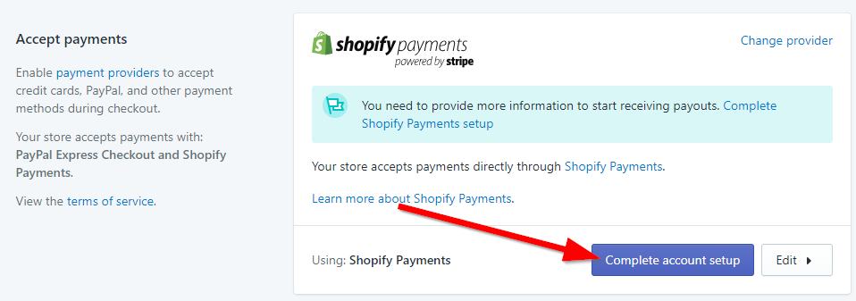 Screenshot showing Shopify accept payments settings