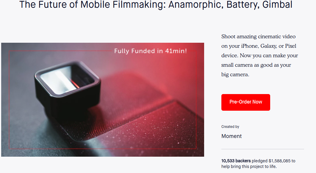 Screenshot of a pre-order landing page for a filmmaking device