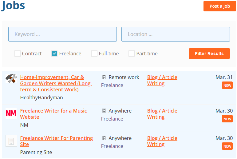 Screenshot of  ProBlogger job board