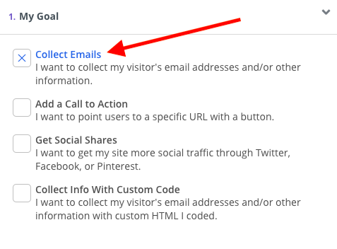 Screenshot of steps of selecting Collect Emails as goal