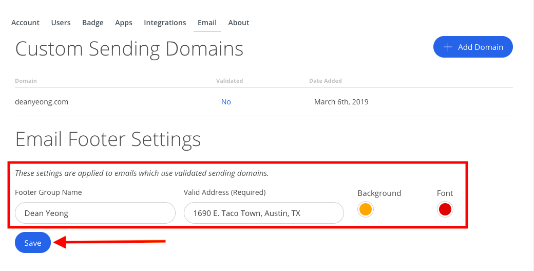 Screenshot of steps to update footer of emails in Sumo