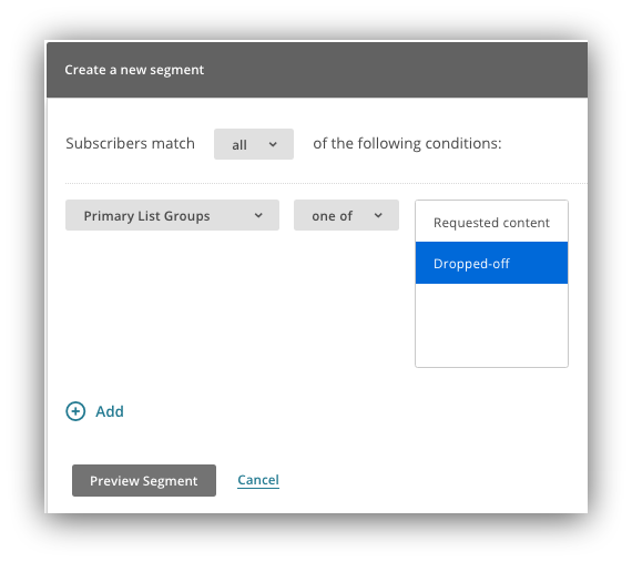 Screenshot showing the "create a new segment" menu on the mailchimp dashboard