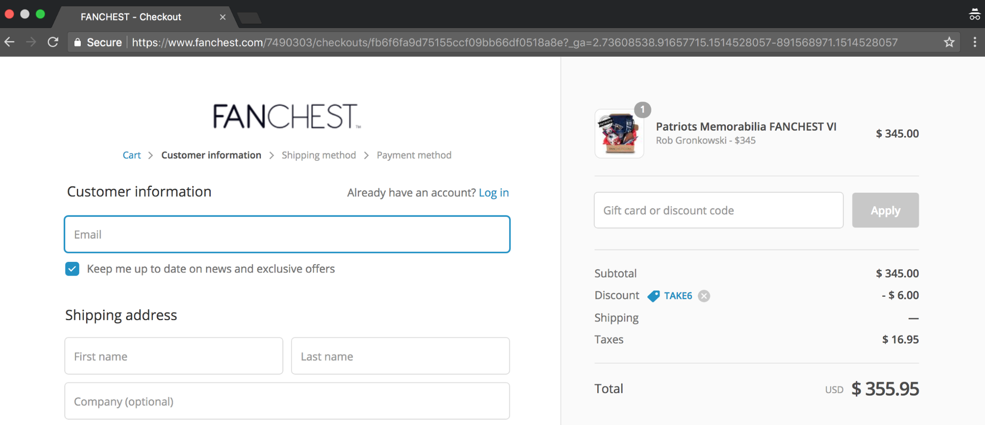 Screenshot showing a checkout page