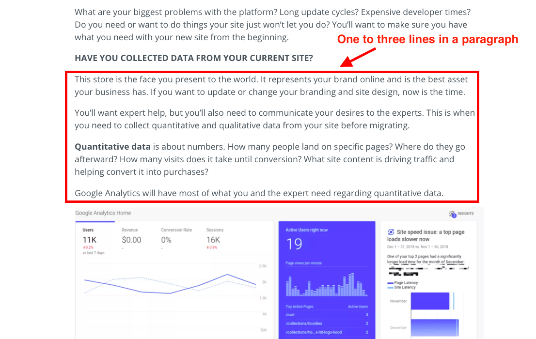 Screenshot of short paragraphs for readability