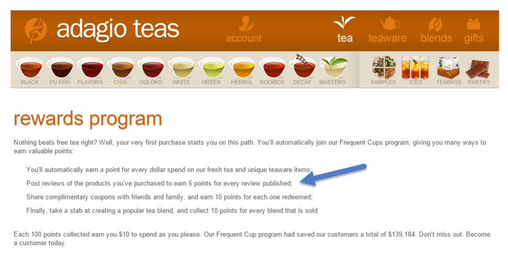 Screenshot showing rewards program for reviews