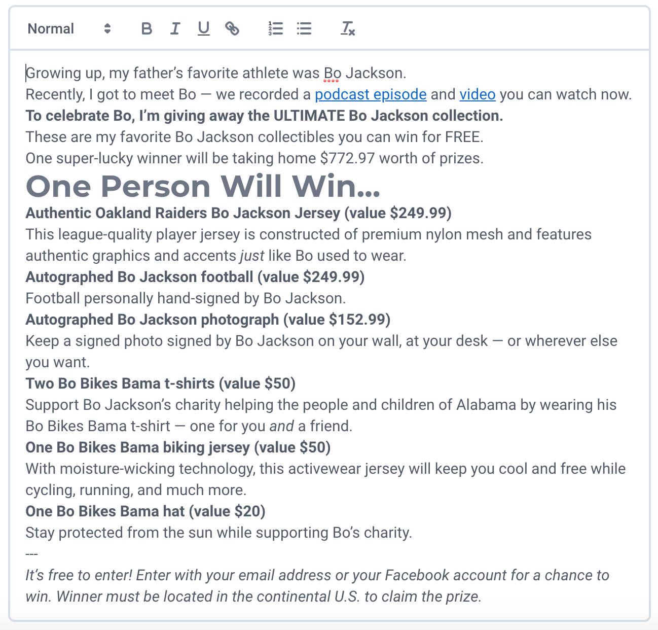 Screenshot showing copy about a sweepstakes