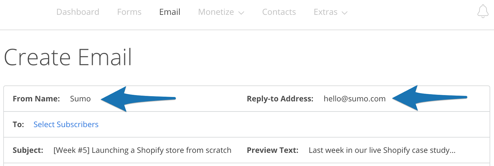 Screenshot showing how to update email sender information in Sumo
