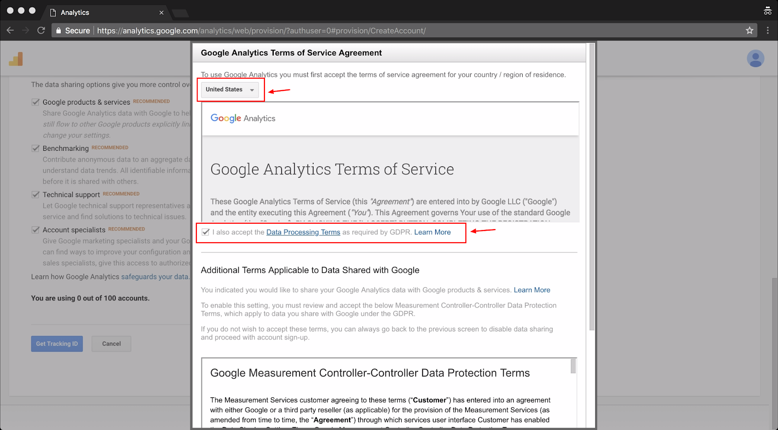 Screenshot showing google analytics terms