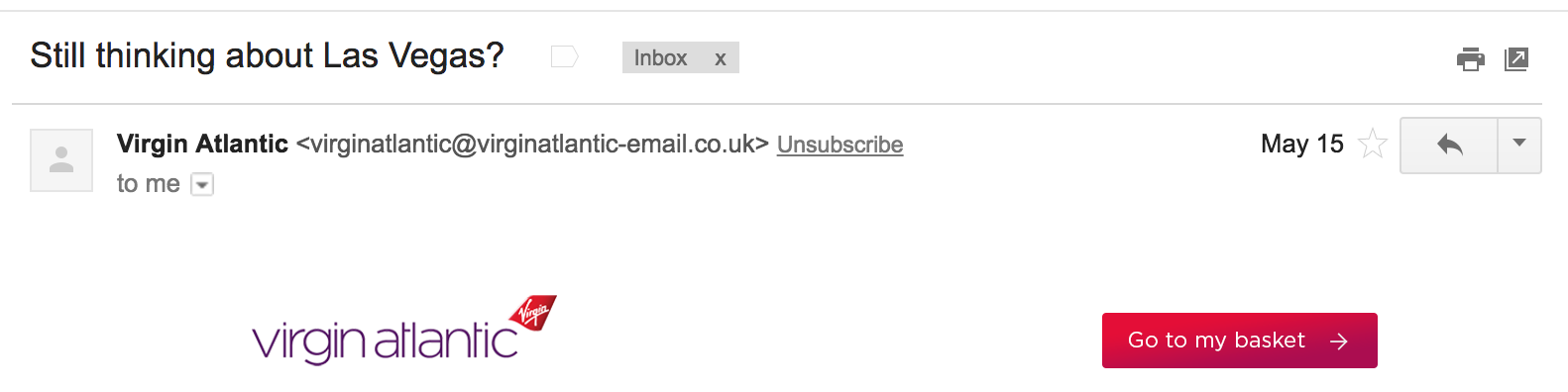 Best Email Subject Lines: Screenshot of email from Virgin Atlantic