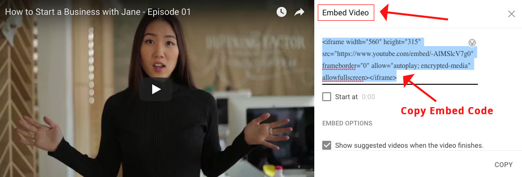 Screenshot showing an embed video code