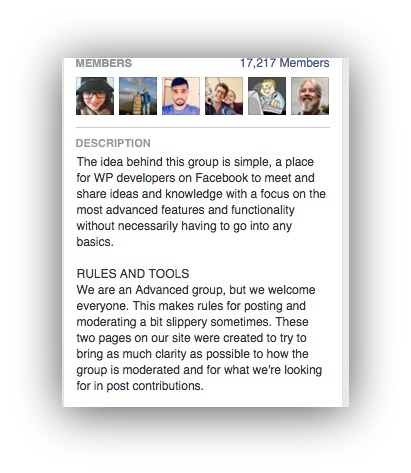 Screenshot showing the description for a facebook group