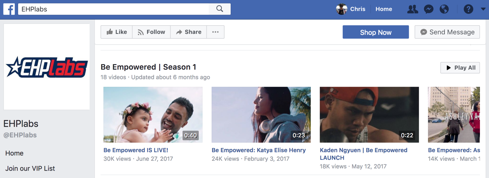Screenshot showing Facebook videos by EHPlabs