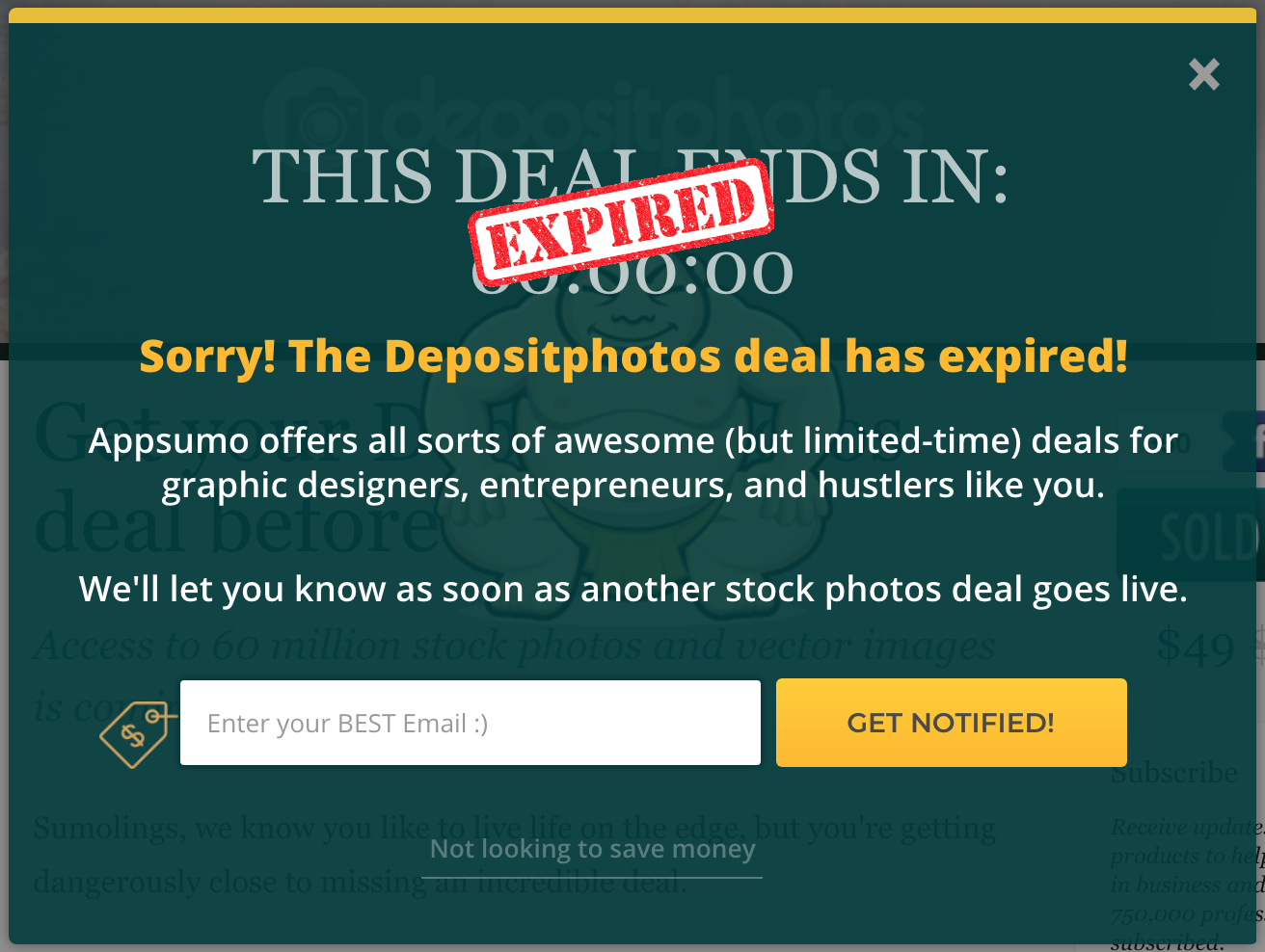 Screenshot showing a popup on the appsumo website