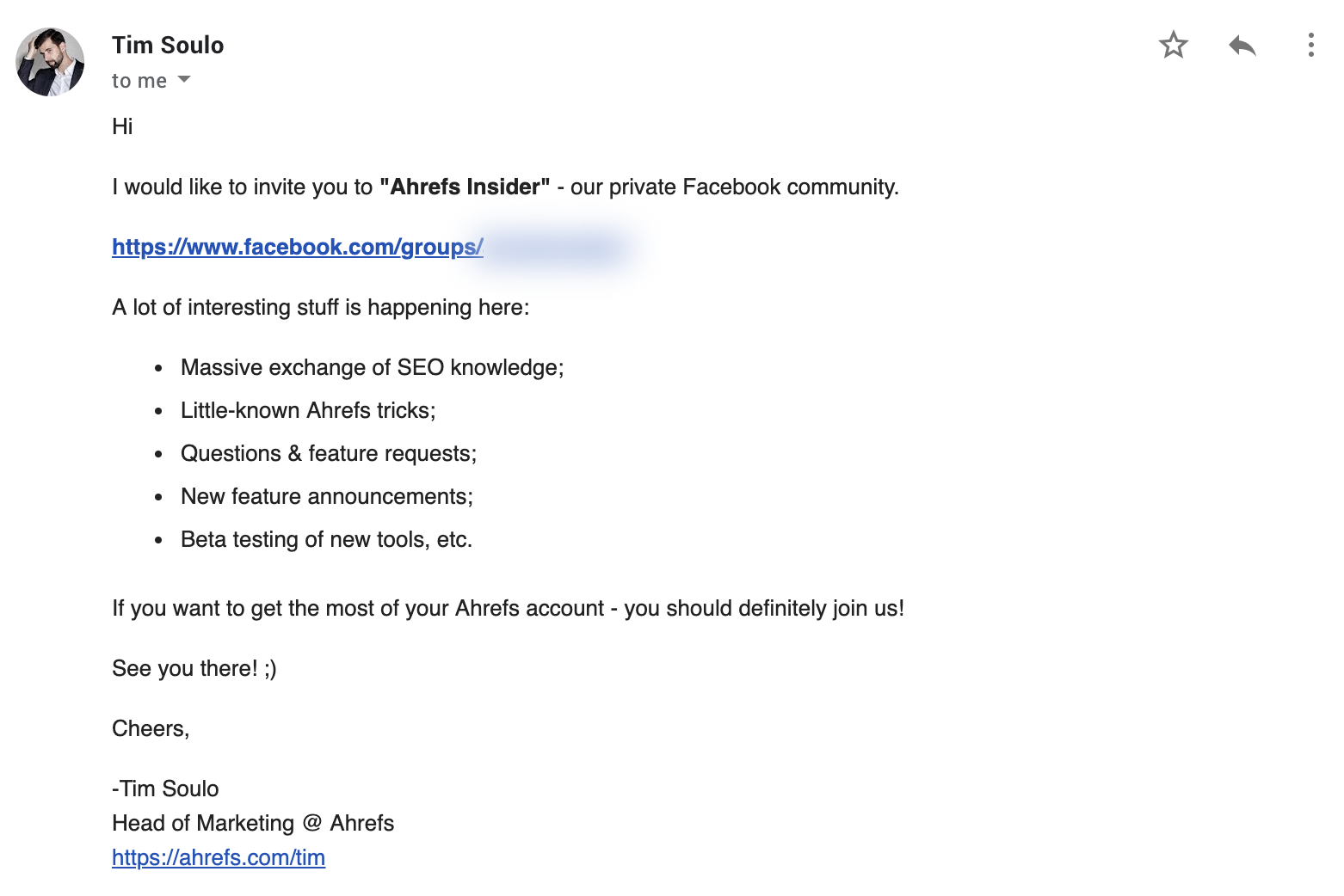 Screenshot of email from Ahref that directs people to join a Facebook Group for customers