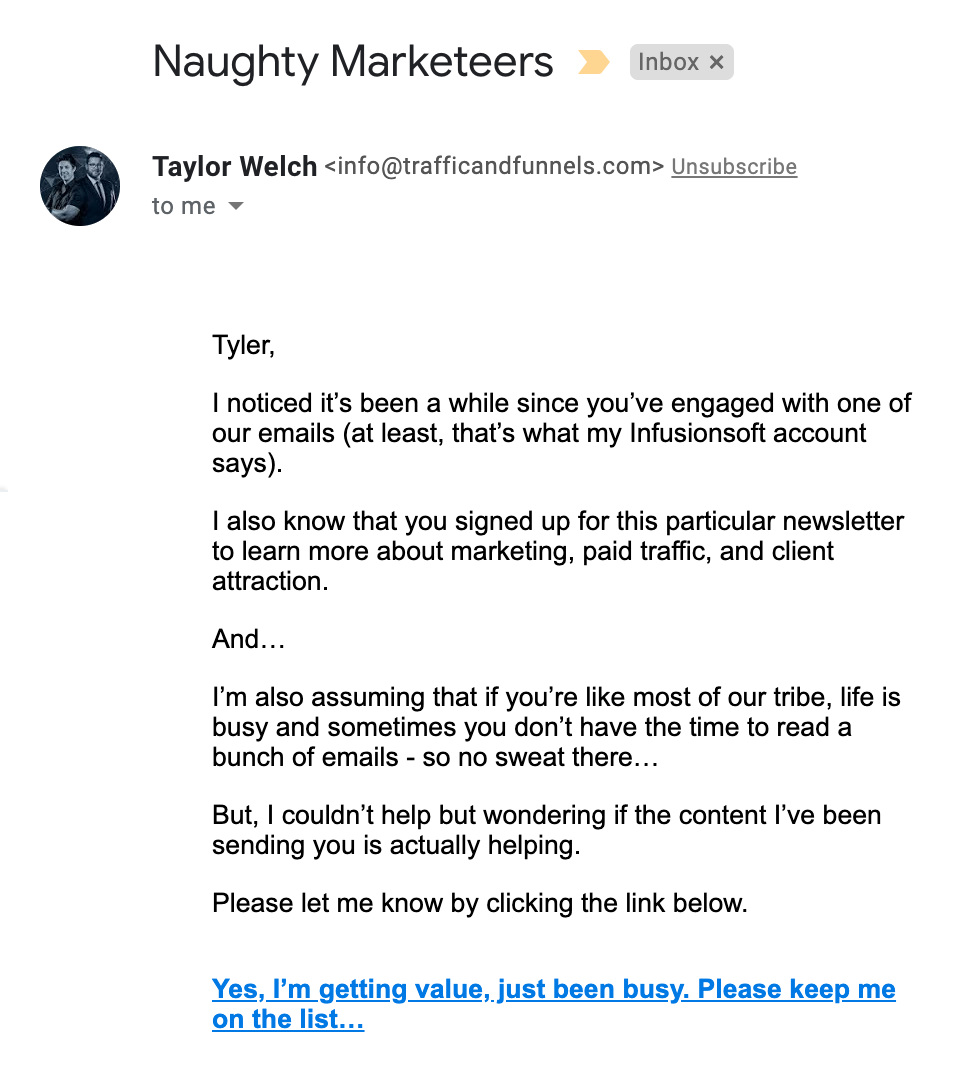 Screenshot of check in with inactive subscribers email from Taylor Welch (Co-Founder of Traffic And Funnels)