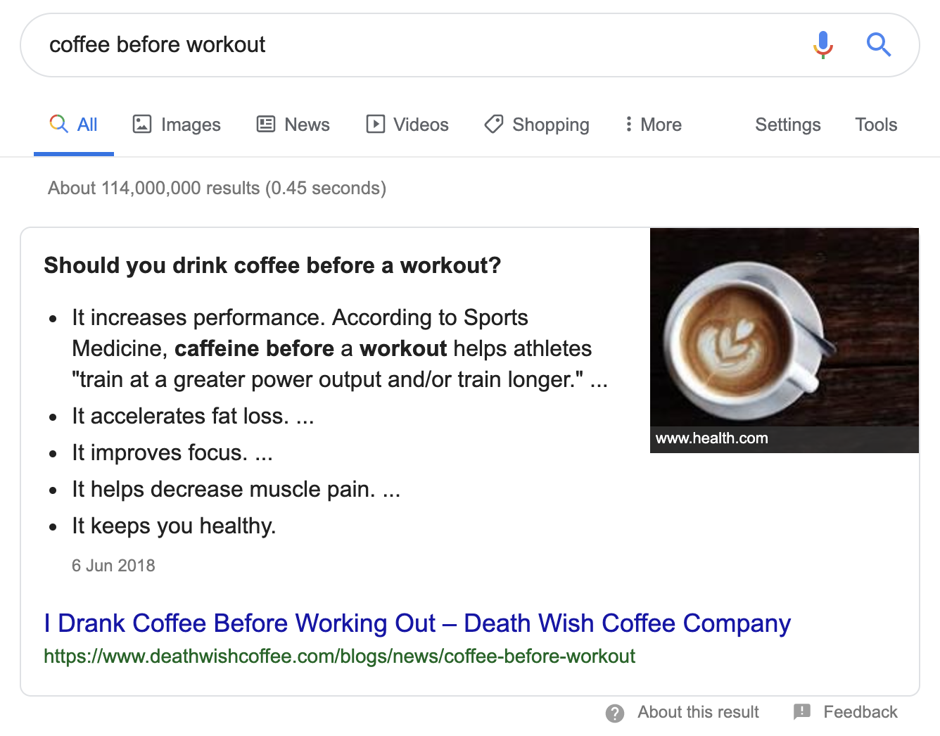 Screenshot of Death Wish Coffee owning the featured snippet for the search phrase “coffee before workout."