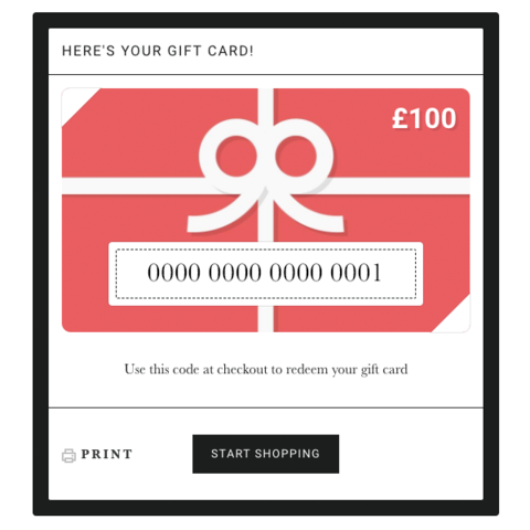 Screenshot showing a gift card