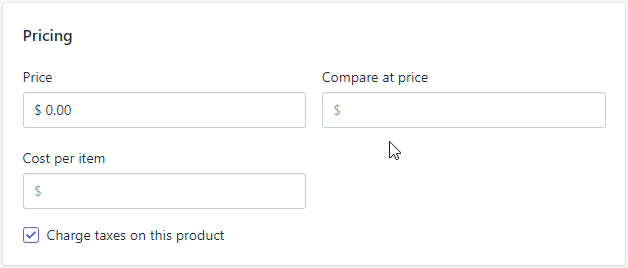 Screenshot showing Shopify product pricing setting