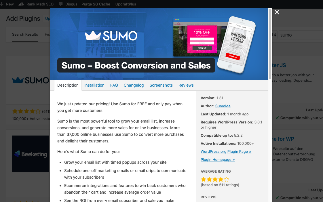 Screenshot of Sumo WordPress plugin
