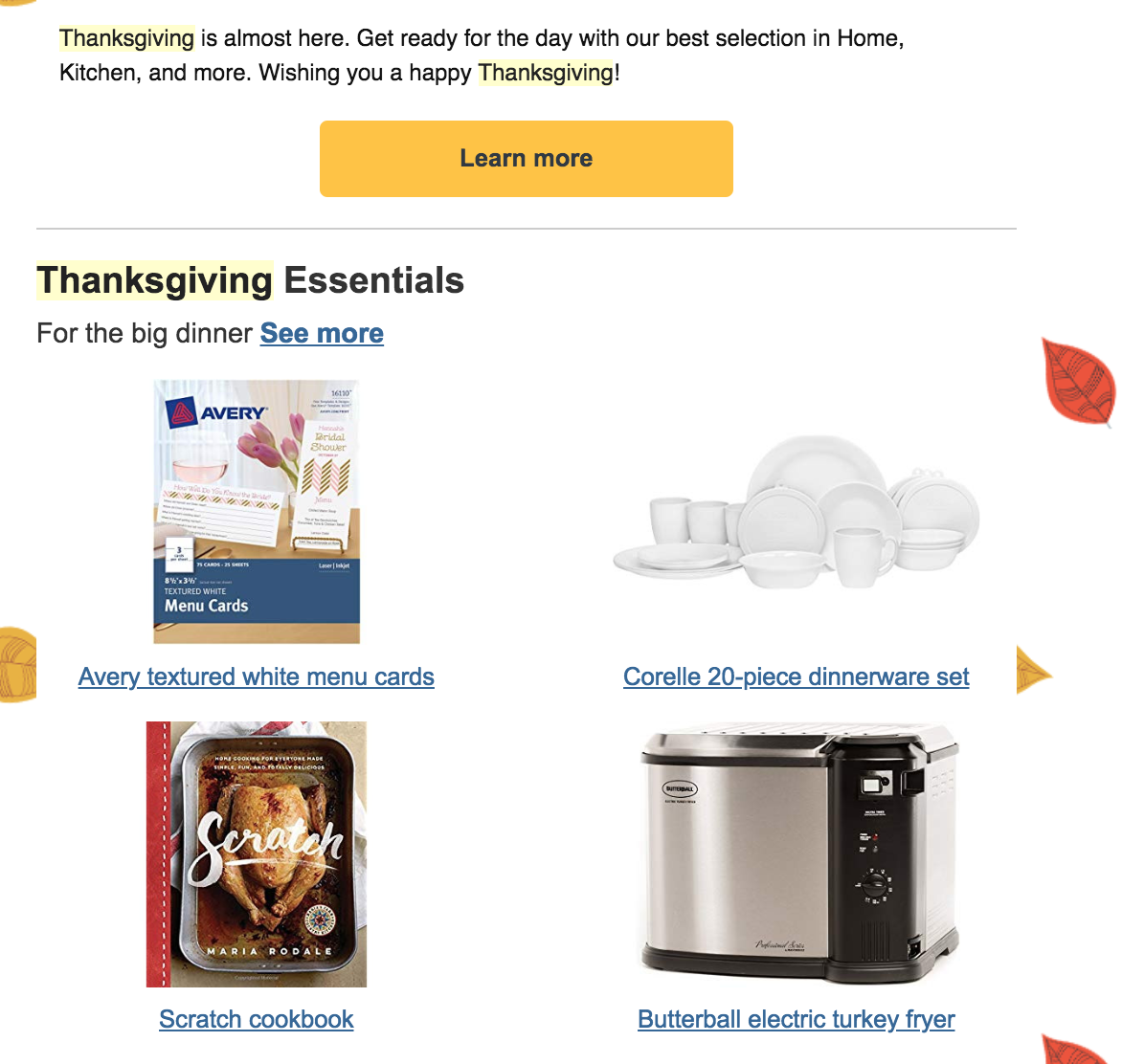 Screenshot showing thanksgiving email sent by amazon